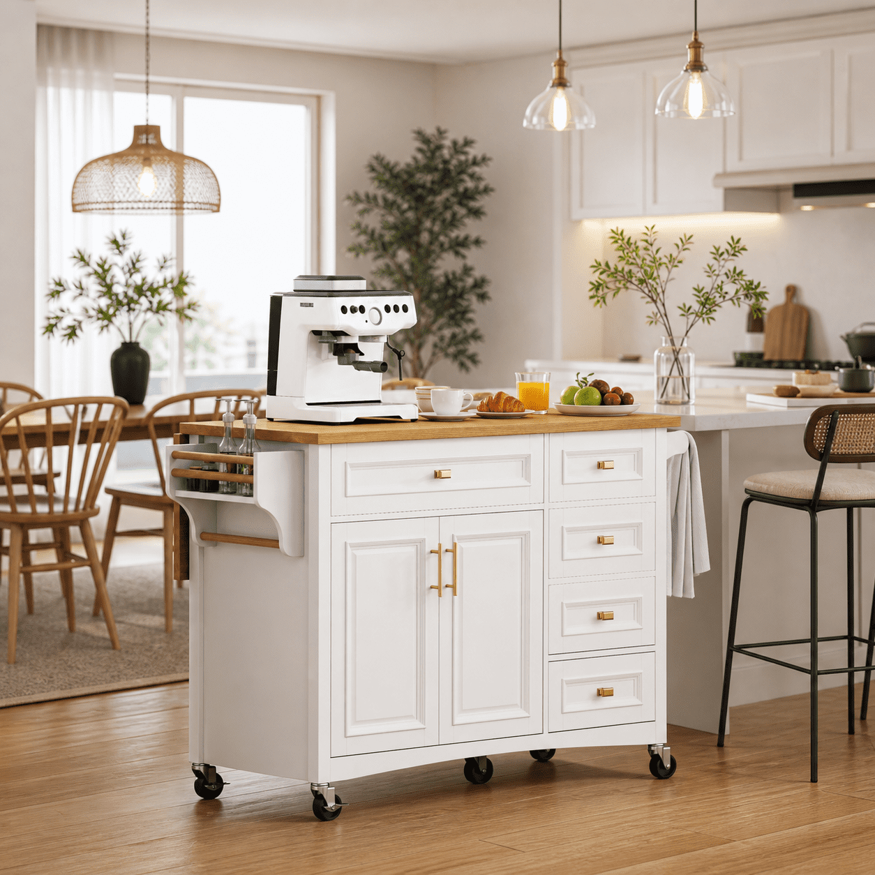 Homy Casa 52" Rolling Kitchen Island Cart with Drop Leaf, Storage Cabinet, 5 Drawers and Towel Bar, White