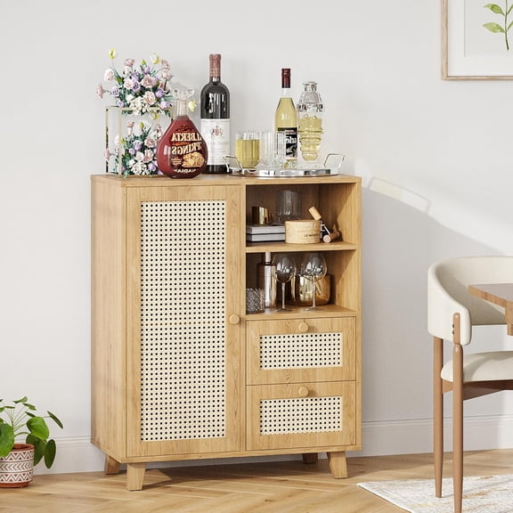 LQLI Rattan Buffet Cabinet with Adjustable Shelf & 2 Drawers – Modern Sideboard for Living Room, Kitchen, Entryway Storage