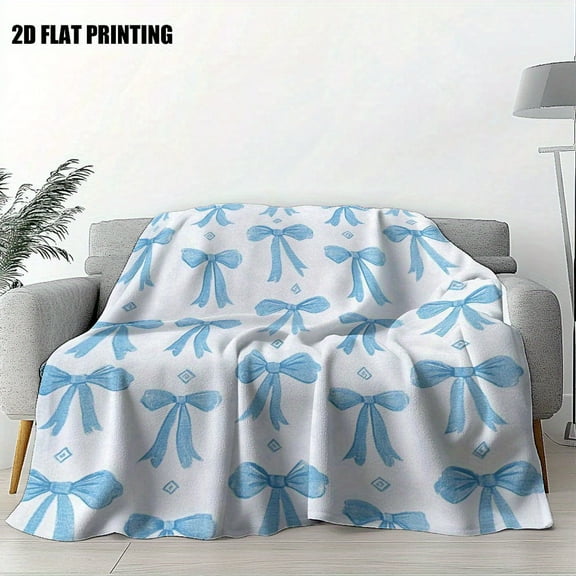 1pc Twin Size Ultra-Soft Blue Ribbon Bow & White Flannel Throw Blanket - All-Season Bedspread, Couch Cover, Camping Bedroll - Cozy Bedding Gift for &, Contemporary Decor (Bow Pattern)