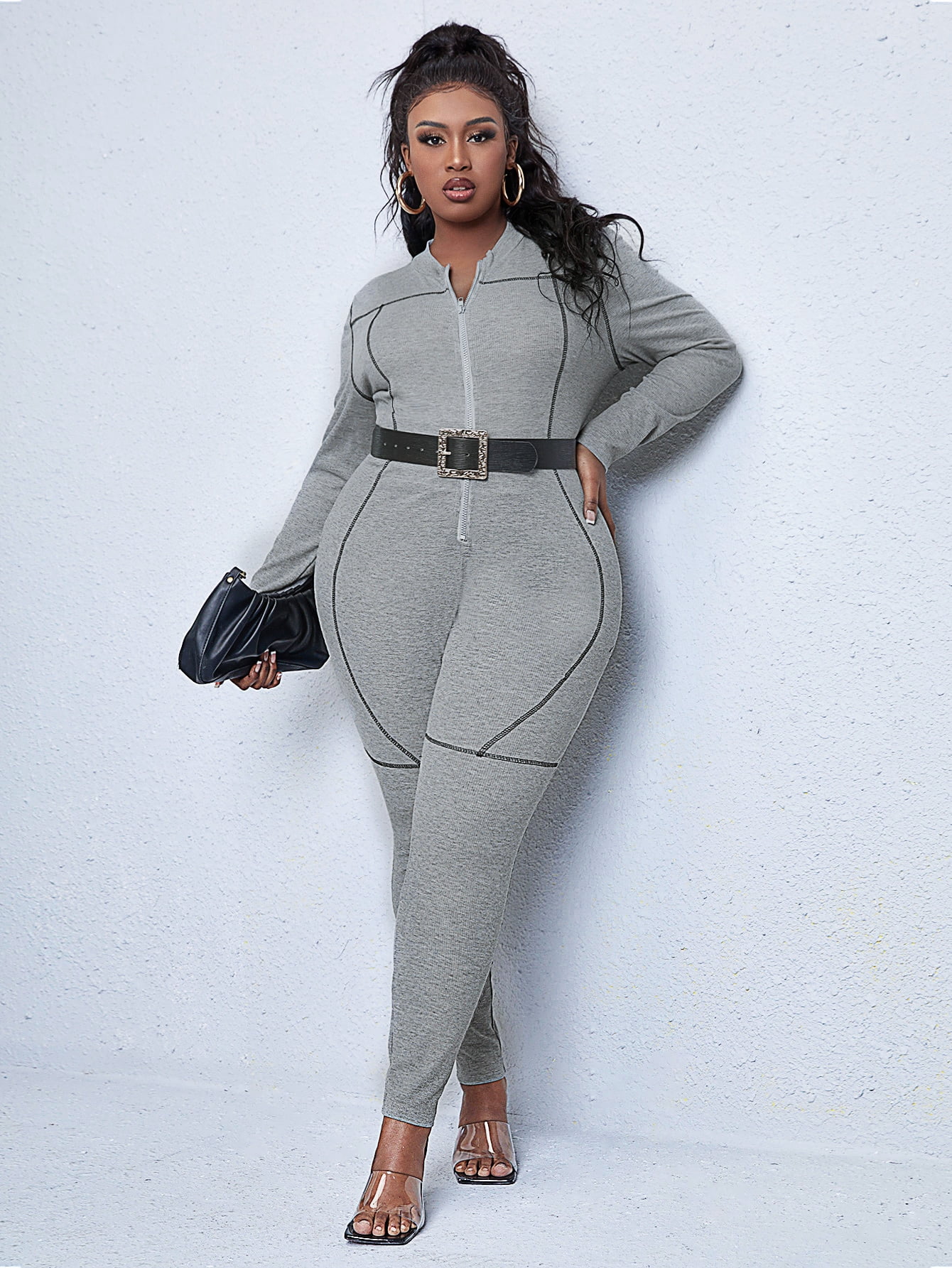stitching Zip Front Jumpsuit 