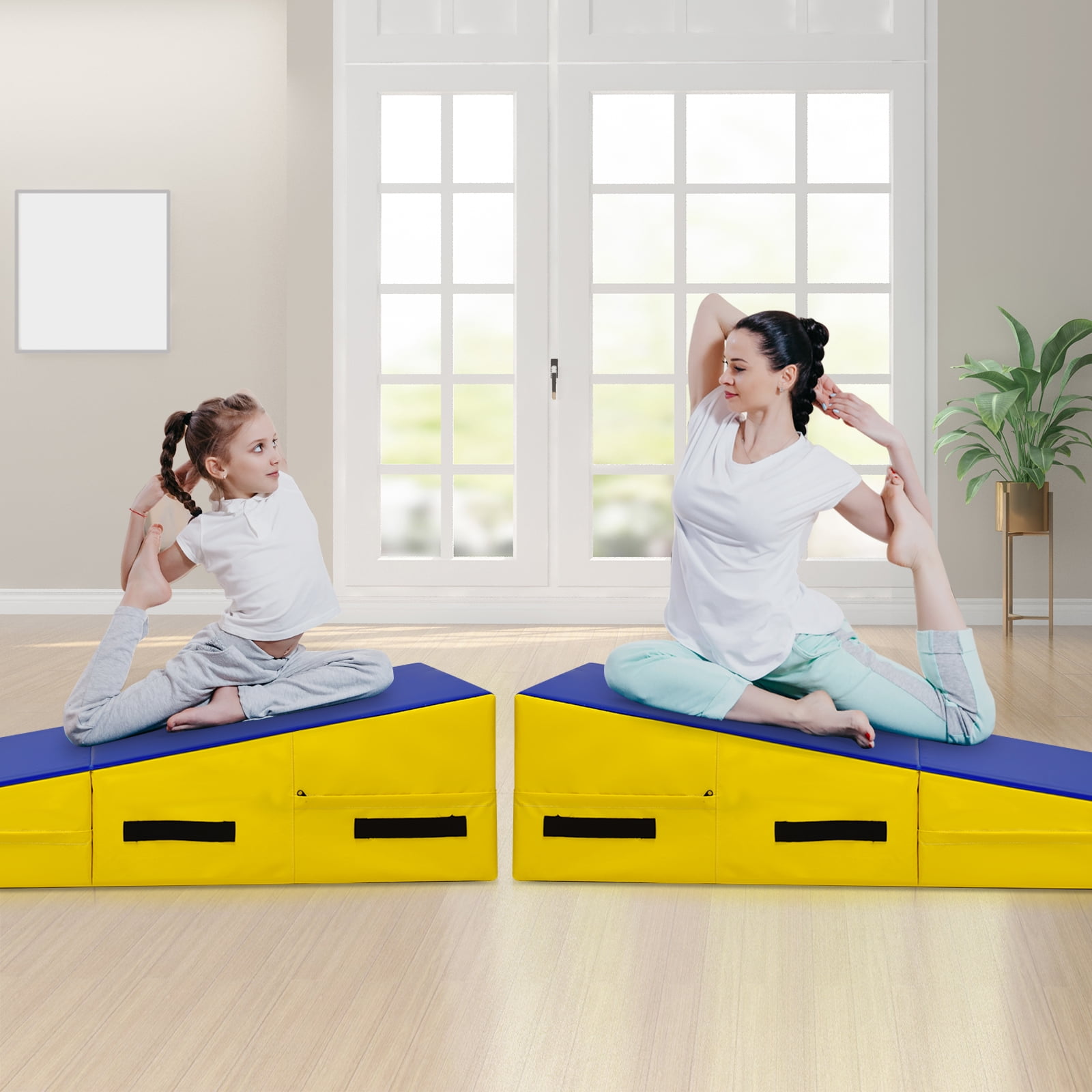 Topbuy Folding Incline Gymnastics Mat Cheese Wedge Shape Tumbling Mat for Training Exercising W Handles Yellow Walmart