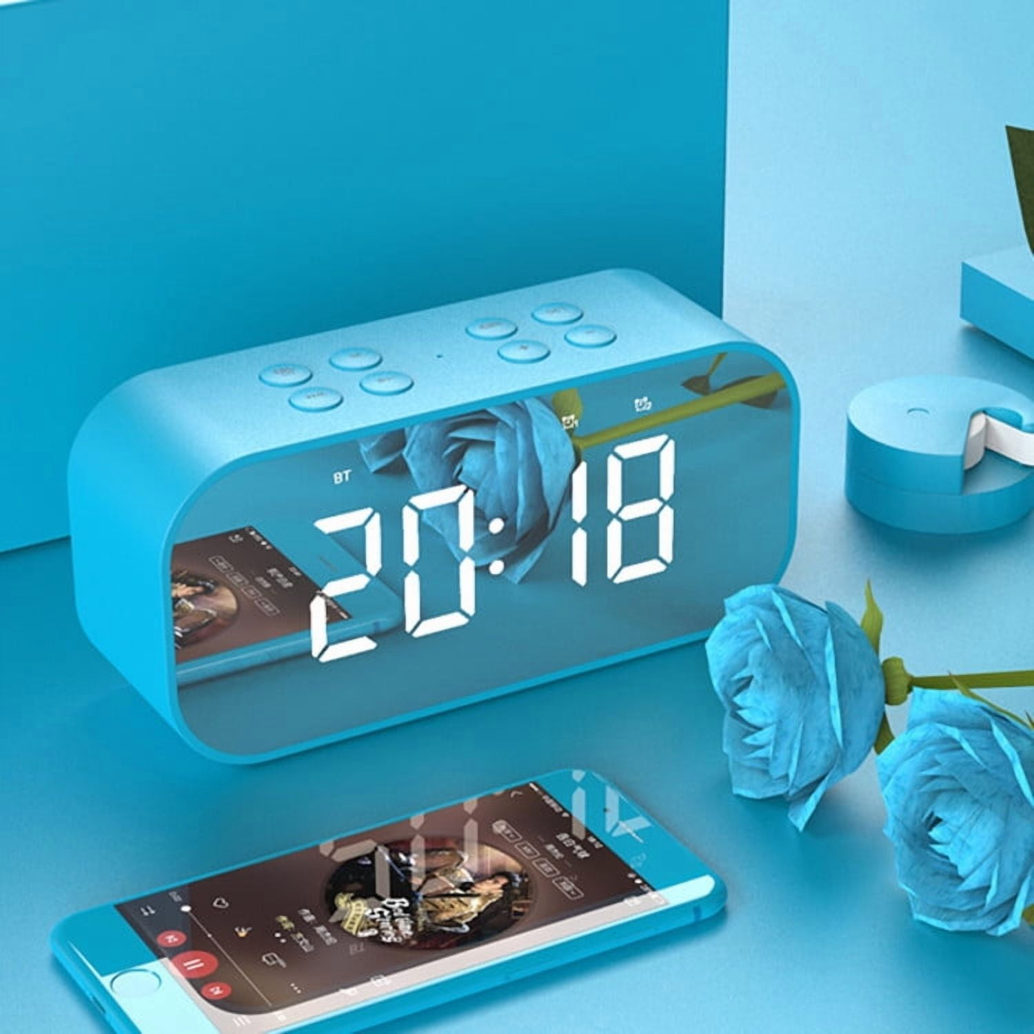 Alarm Clock with Bluetooth Speaker, Alarm Clock for Bedroom/Office, LED Digital Alarm Clock, Large Display Easy to Read Across,Makeup Mirror Multi-Function Desk Clock for Heavy Sleepers Adults(Blue)