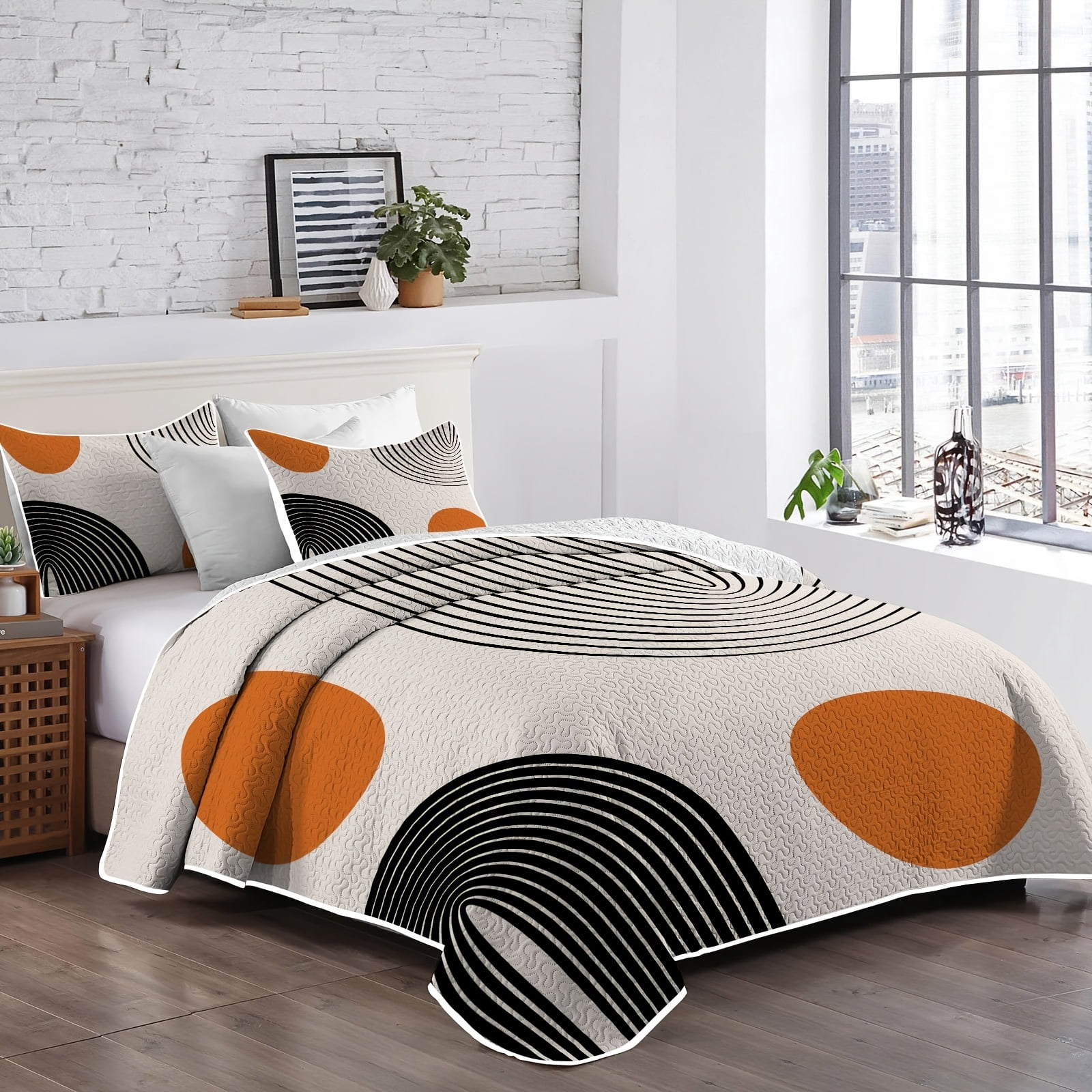Flymme 3 Piece Boho Full/Queen Quilt Sets,Reversible Lightweight Bedspread Coverlet,Mid Century Orange Sun Geometric Bedding Quilts Set for All Season