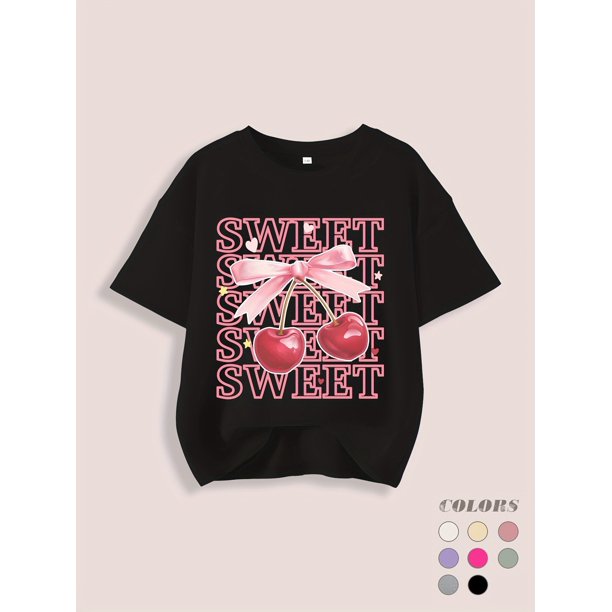 Girls' Summer Casual Crew Neck Slight Stretch Geometric-pattern Knit Tops, Cotton, Round Neck, Short Sleeve, with Applique, Loose Fit, for Girls