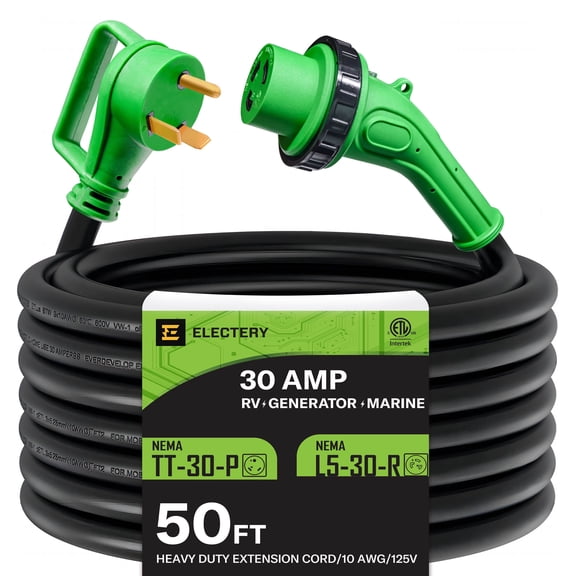 Electery 30 Amp RV Power Extension Cord, 50 ft, NEMA TT-30P to L5-30R Twist Lock Adapter, 10 AWG STW, ETL Listed