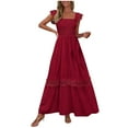 thumbnail image 2 of ITSAME Women's Smocked Dress, Pleated Lace Square Neck Ruffles Strap Summer Boho Beach Maxi Dress Wine M, 2 of 9