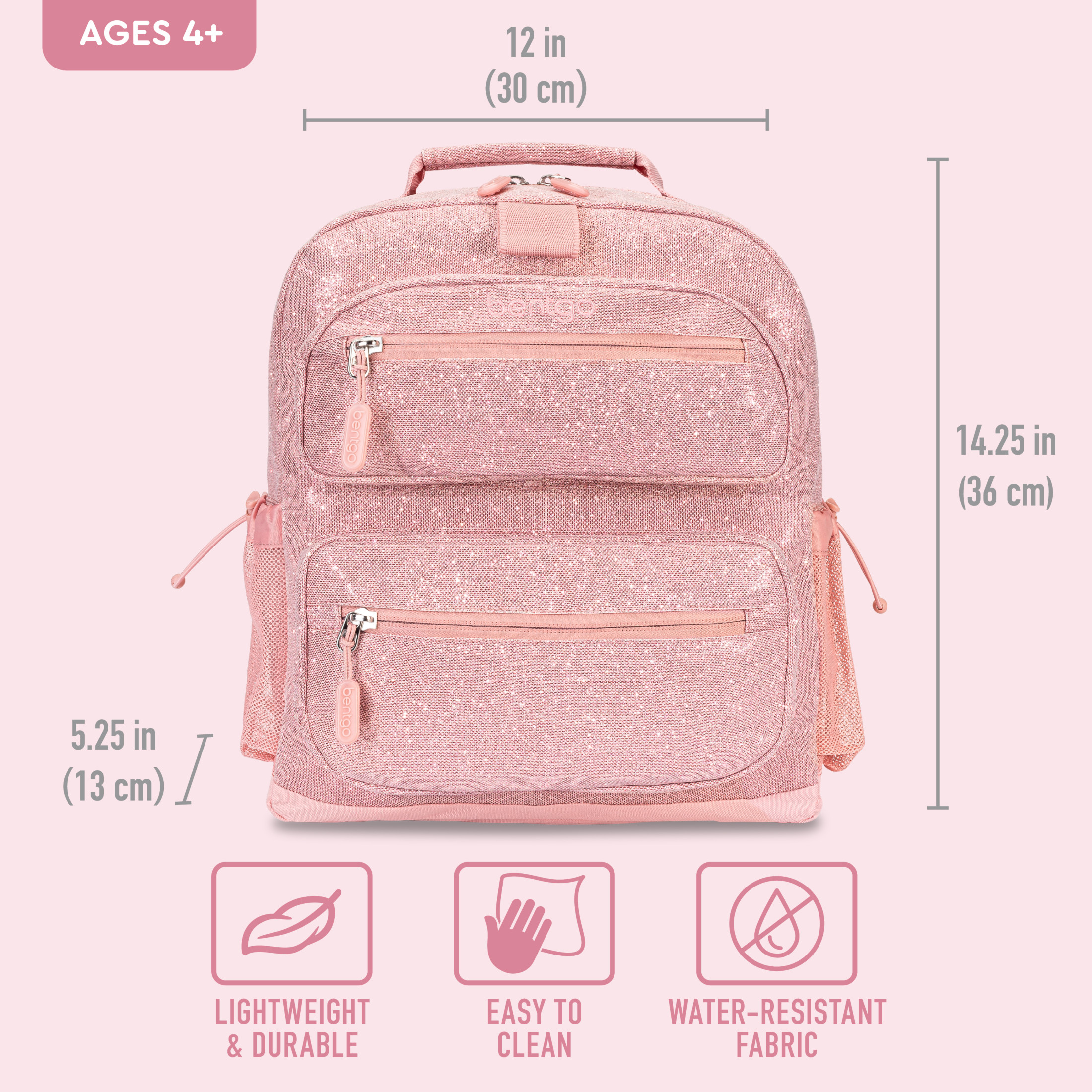 Mochila para niños - diseño con brillantina, 14", ligera, para escuela, viaje y guardería - interior amplio, tela duradera e impermeable y argolla para lonchera (Edición Brillantina - Rosa pétalo) 4