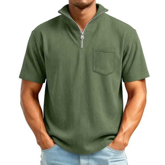 Kixjoy Quarter Zip Pullover Men Short Sleeve Corduroy Big and Tall Stand Collar Polo Shirt Lounge Baggy Basic Shirts with Pockets, Army Green S