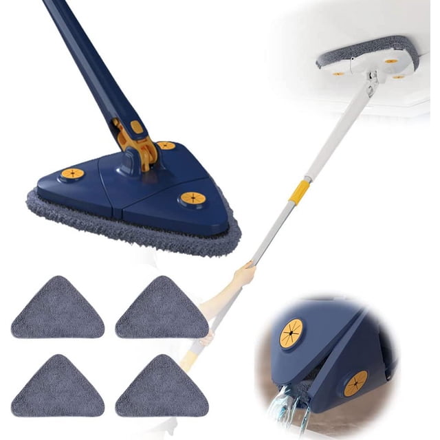 YOPTOP 360° Rotatable Adjustable Cleaning Mop 51" Extendable Triangle Mop with Long Handle Automatic Wringing Microfiber Spin Floor Cleaning Mop for Cleaning Walls Ceilings,bule,with4moppads