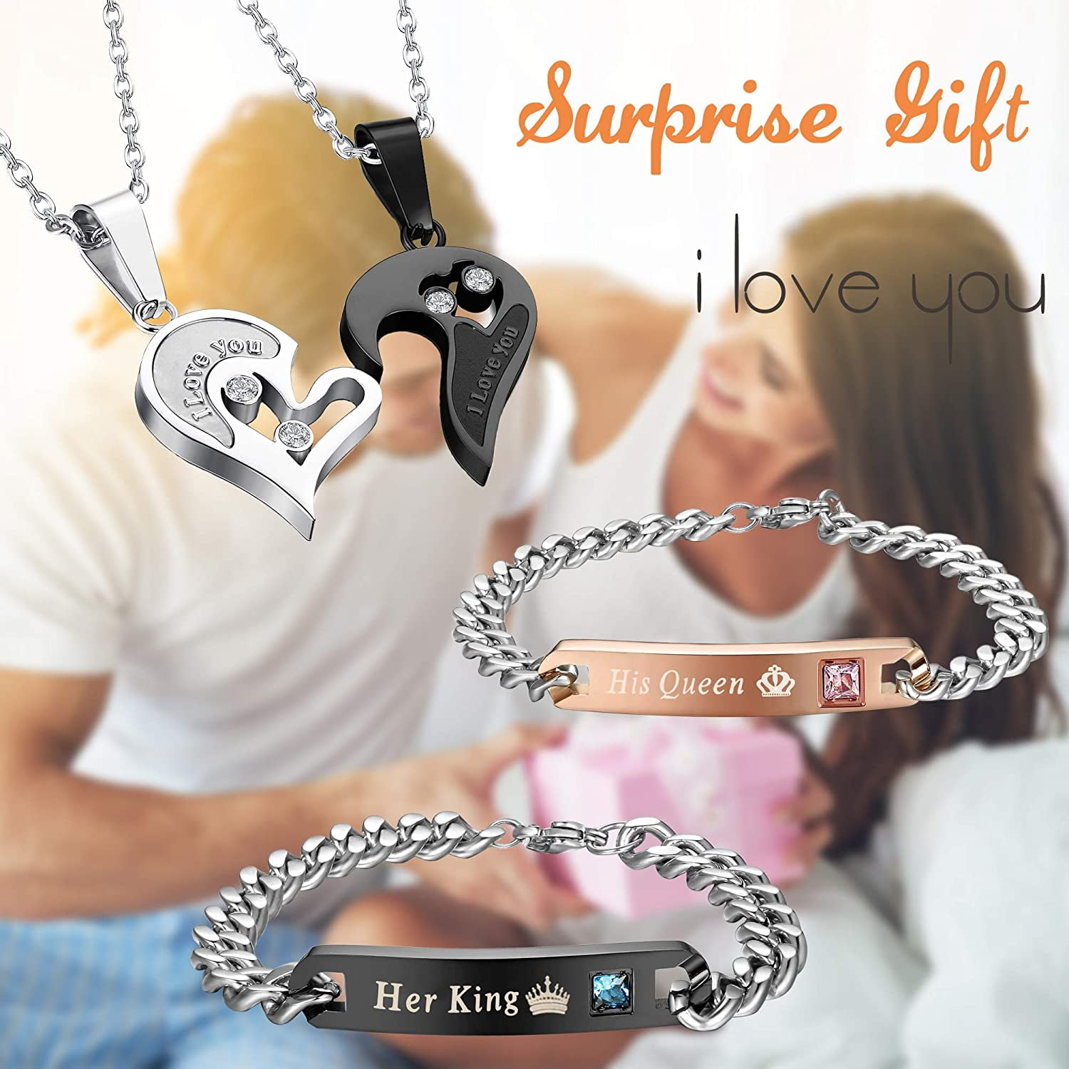 4Pcs His Queen Her King Bracelet Matching Heart Necklace Couple Jewelry Set  Gift | eBay