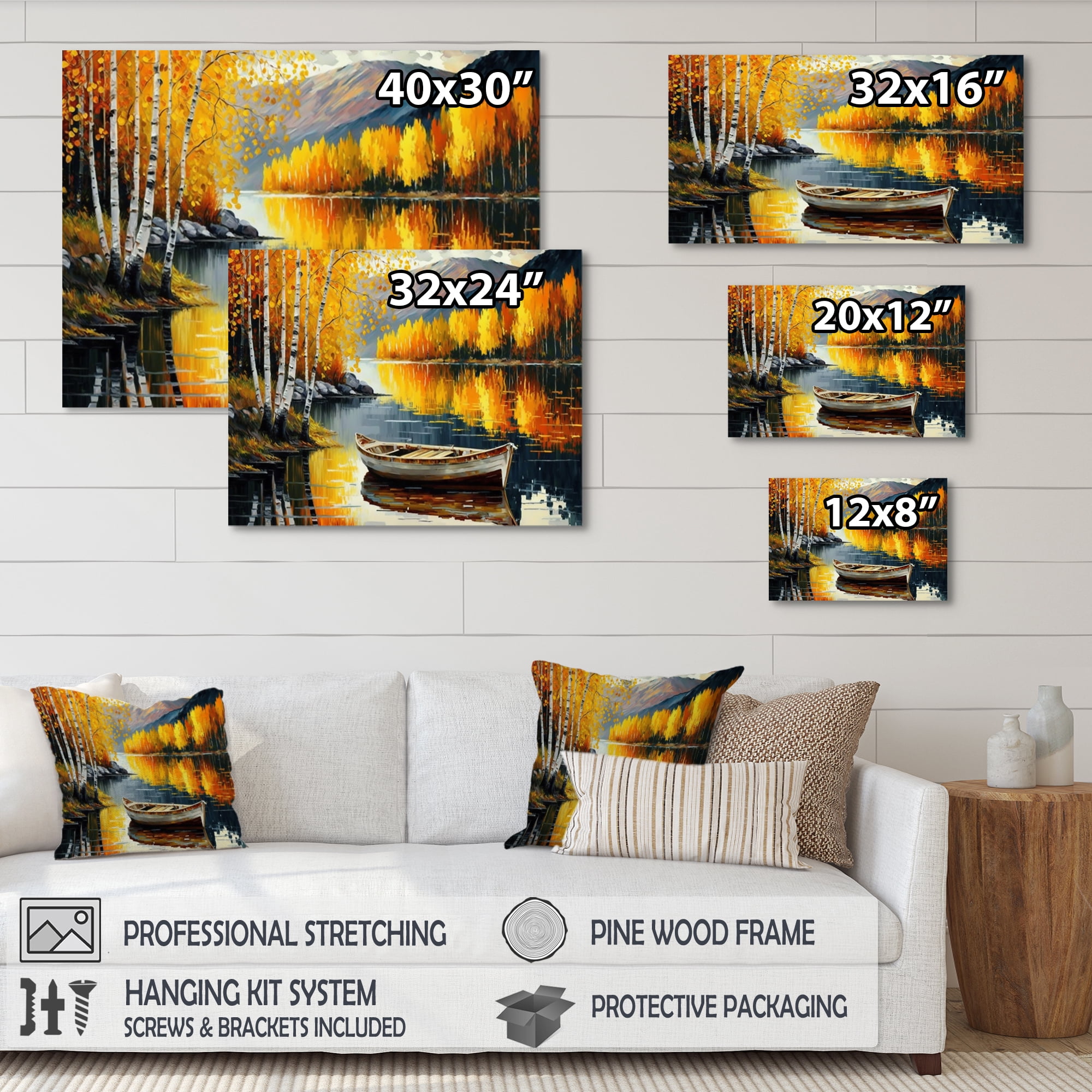 Designart Small Boat On Lake In Fall III Canvas Wall Art