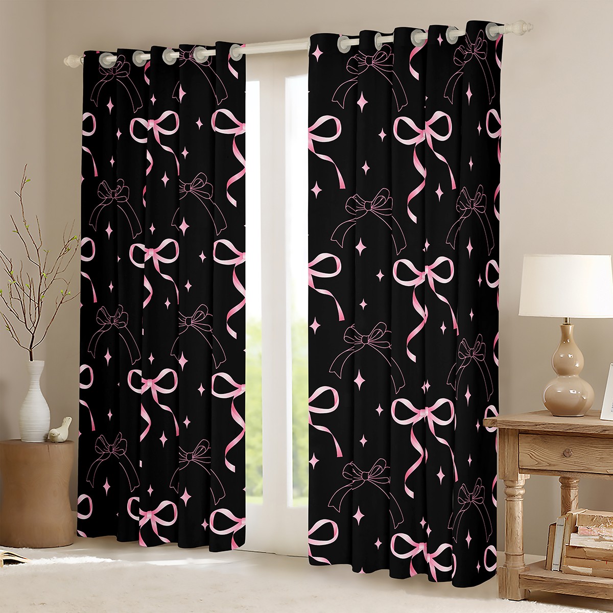 jejeloiu Kawaii Bow Stars Black Out Curtains,Girls Bow Knot Curtains Pack of 2 (42x63 Each),Pink Black Bedroom Curtains,Breathable Bedroom Decorative