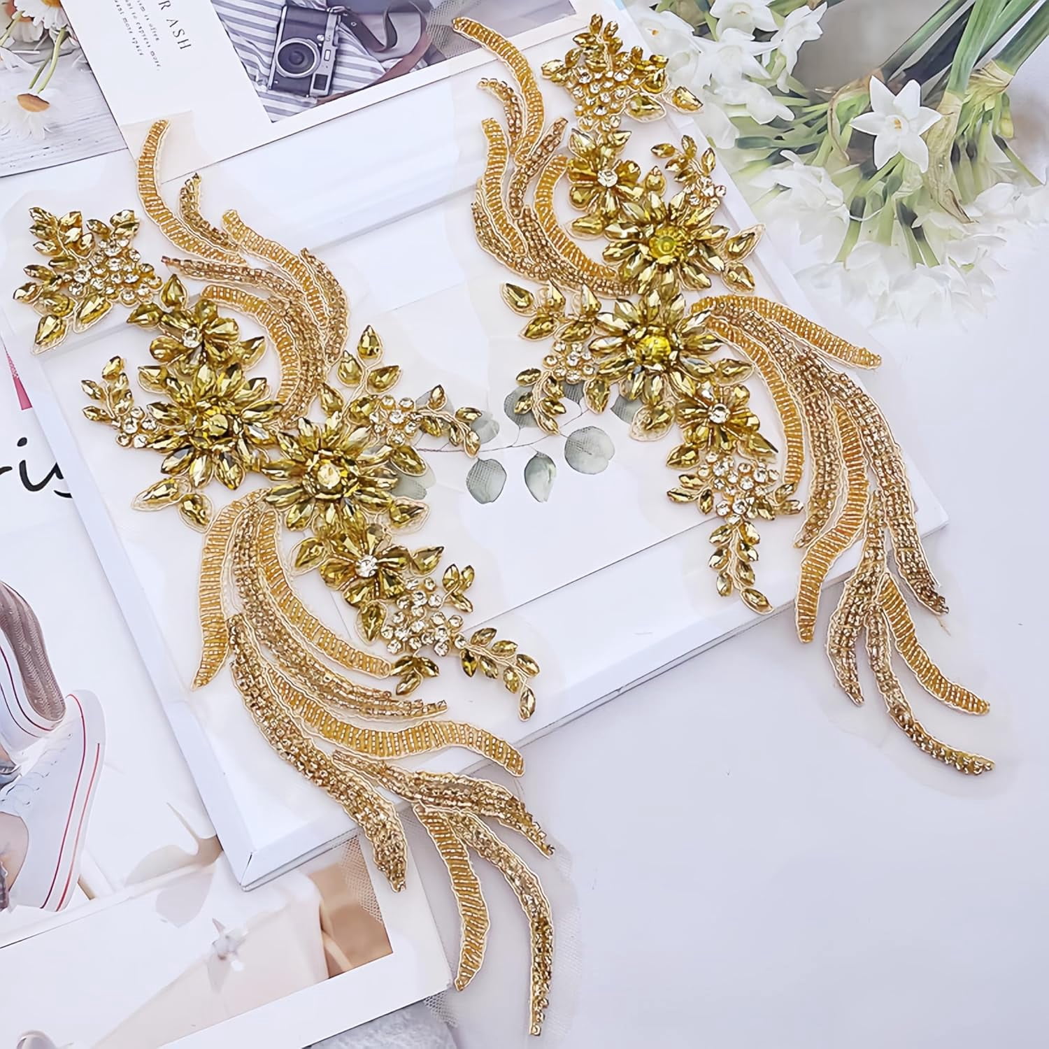Rhinestones Beaded Appliques Embellishments: Rhinestone Applique, Retro Embroidered Lace Pure Handmade Shining Rhinestones Appliques for Dresses Wedding Dress DIY Accessories, Gold Applique (Gold)