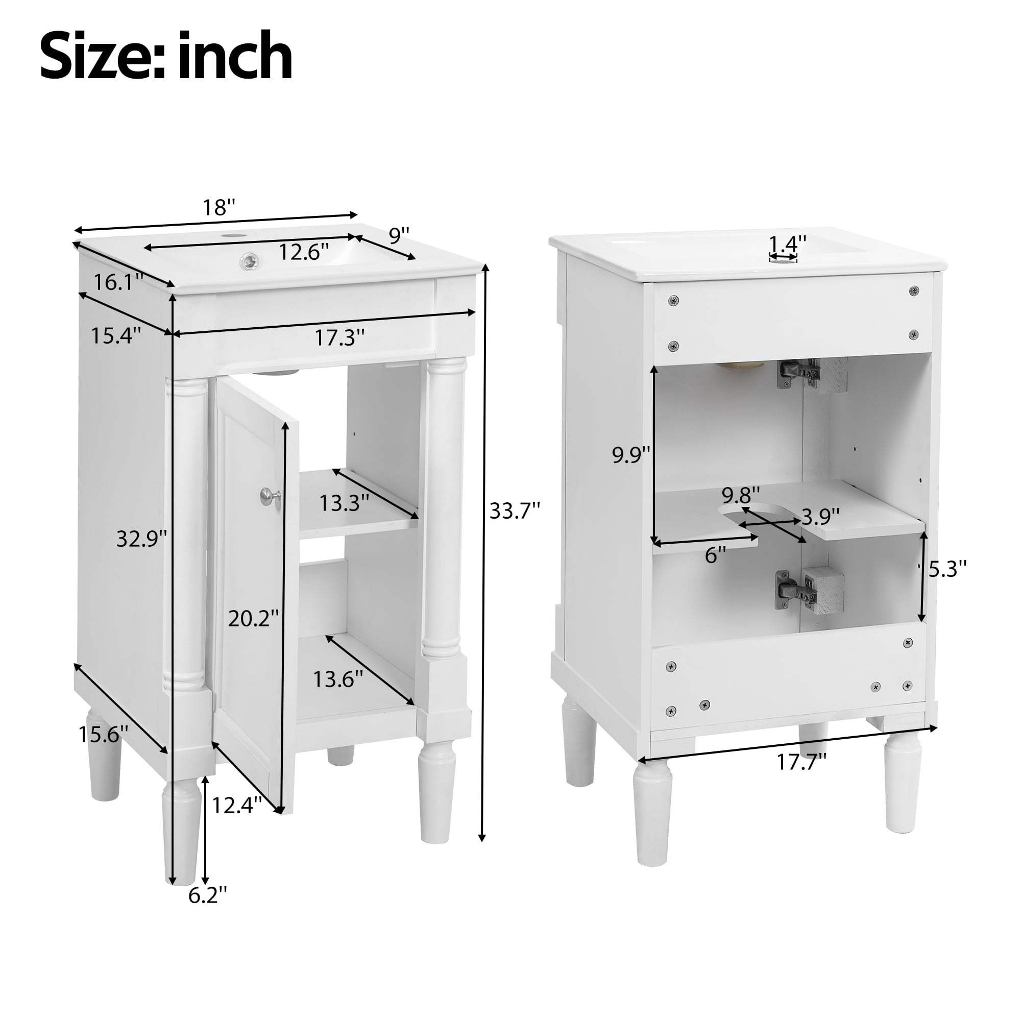 Euroco 18" French Style Bathroom Cabinet with Storage, Small Space Solution with Ceramic Sink, Adjustable Shelf, Soft-Closing Hinges