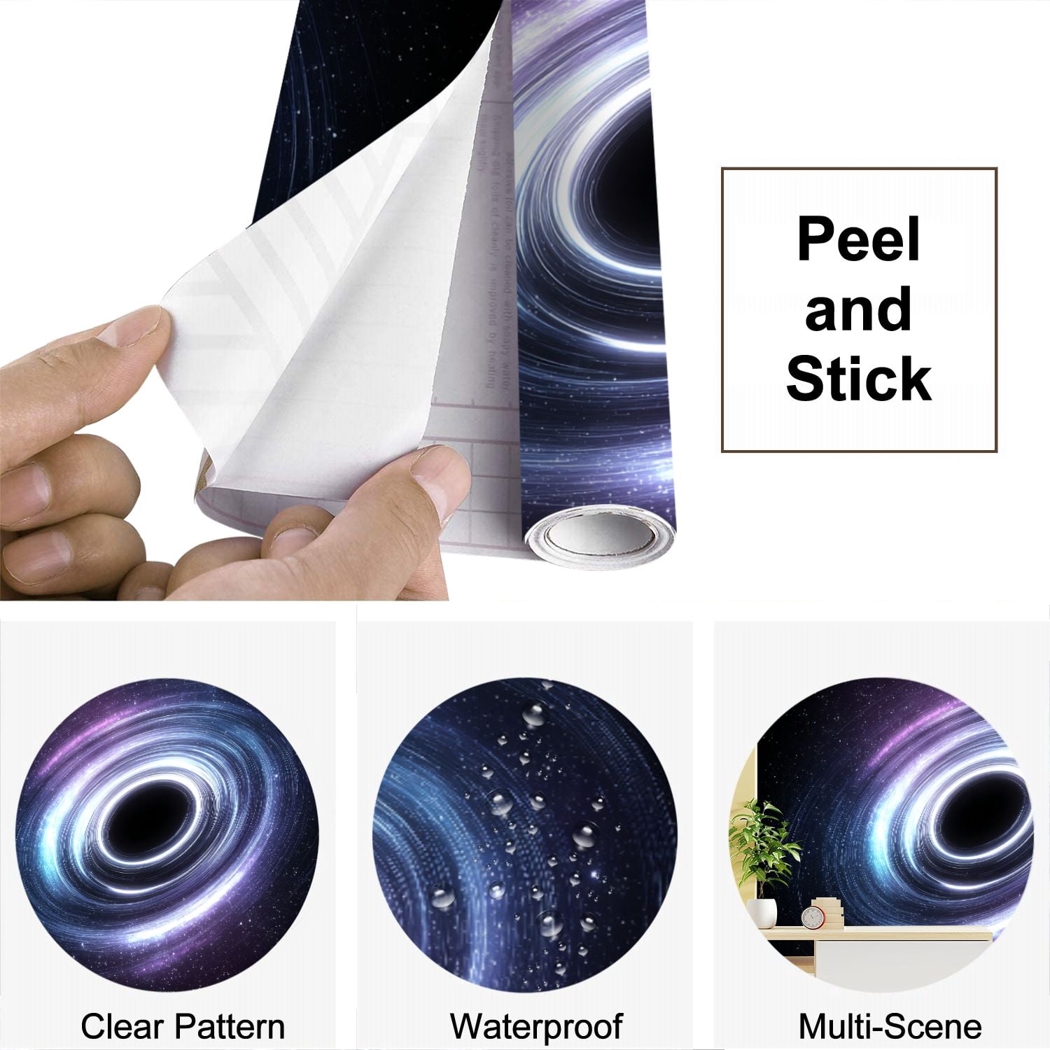 Peel and Stick Wallpaper Rings Universe Starry Minimal Art Style Black Hole Space Cosmos Modern Art Wall Mural Decor Self Adhesive and Removable 69in x 98in