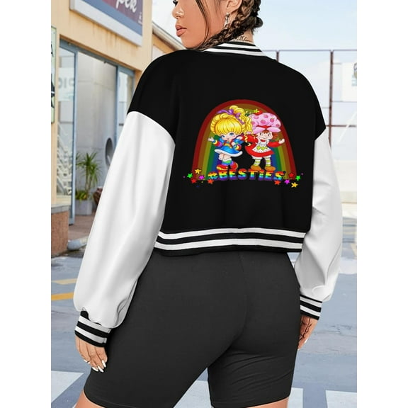 Women's Rainbow Baseball Jacket Besties Hoodie Plus Size Bomber Jacket 90s Style Bright Colorful Kawaii Starlight