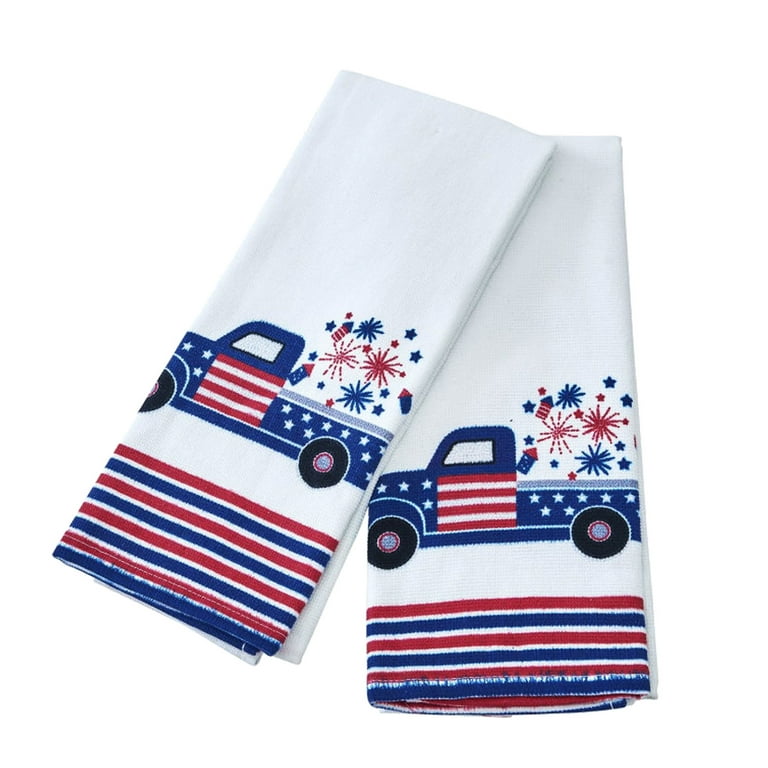 Patriotic Kitchen Towel 2 Piece Set Red White and Blue Dual Cotton Terry Truck Dishtowels Cobra
