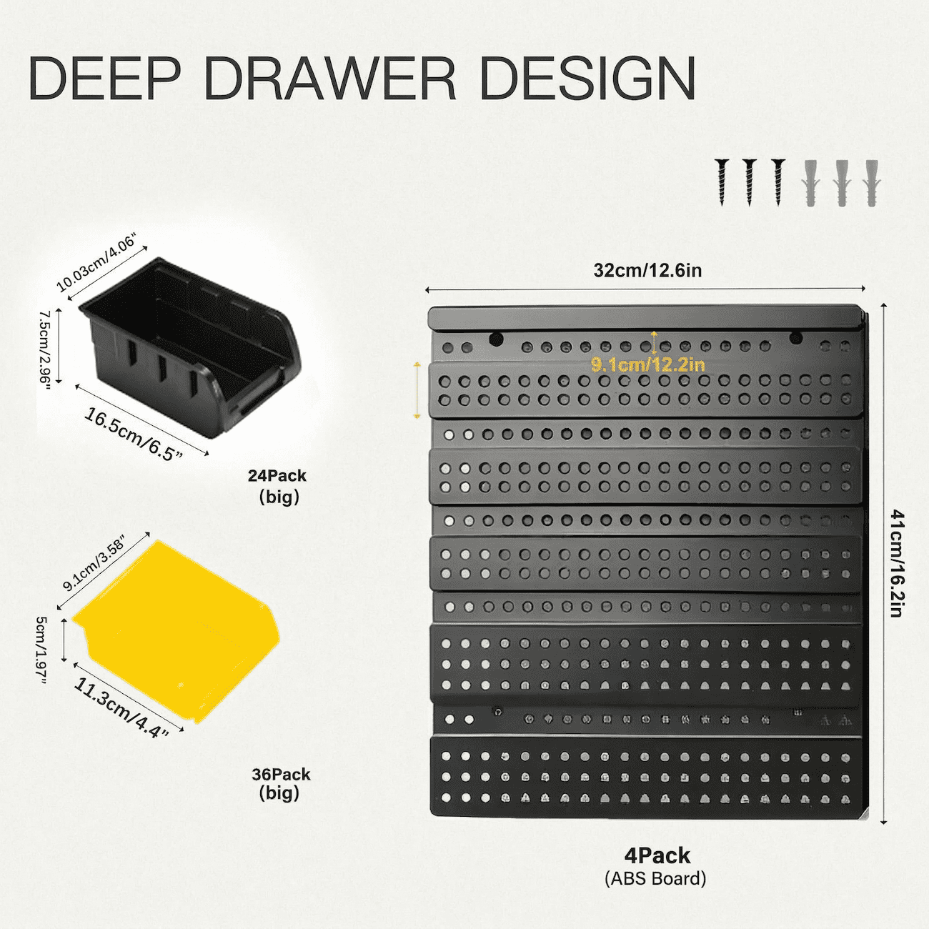 Wall Mounted Storage Bins 60PCS, Garage Storage Bin Organizer with 36 Yellow & 24 Black Plastic Bins, Large Wall Mount Parts Organizer for Screws, Nuts & Bolts, Tool Storage System with Label Slots