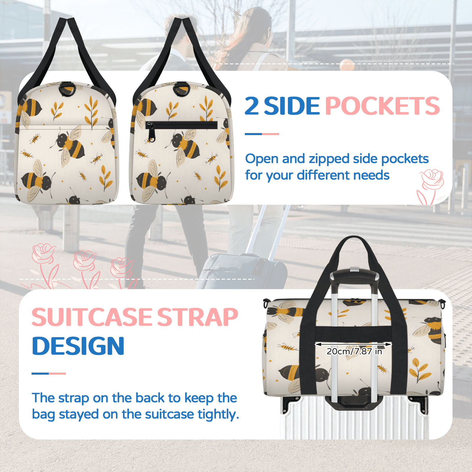 Herdesigns Honey Bee Gym Bag for Women, Duffle Bag for Travel Sport, Lightweight Waterproof Carry on Weekender Overnight Dance Yoga Workout Bags