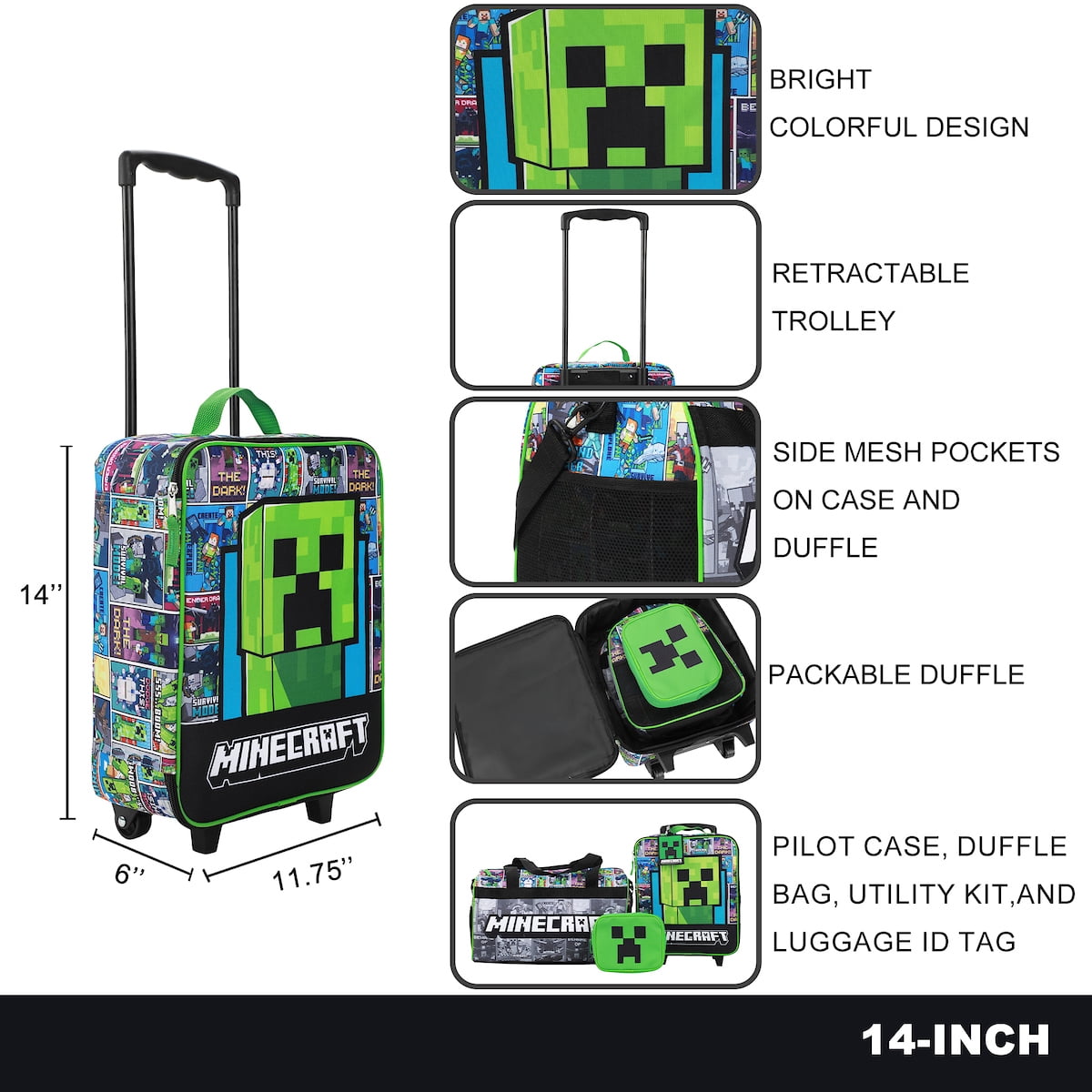 Minecraft Creeper Youth 4-Piece Travel Set-14" Carry-on Duffle Bag and Luggage Tag Set
