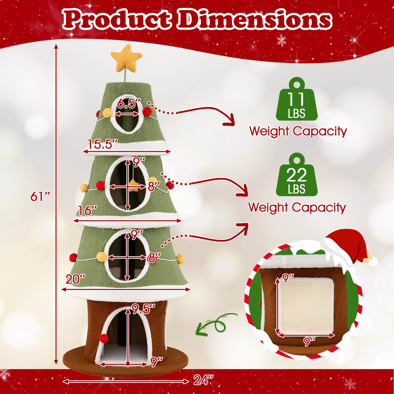Costway 61”Large Christmas Cat Tree with 4 Condos, Sisal Carpet, Dangling Ball, Spring Toy