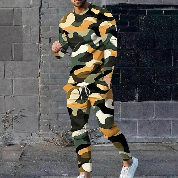 Wavsuf Sweatsuits 2pcs Sets Mens Jogger Set Long Tight Shirt Sweatshirt and Sweatpants Beige Size L