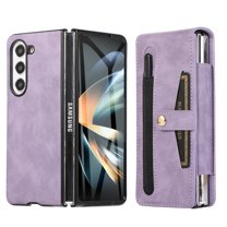 Dteck for Samsung Galaxy Z Fold 5 Case with Belt Clip & Card Holder, Built-in Screen Protecror Full & S Pen Slot, Durabble Sturdy Wallet Phone Case with Stylus for Samsung Galaxy Z Fold5,Purple