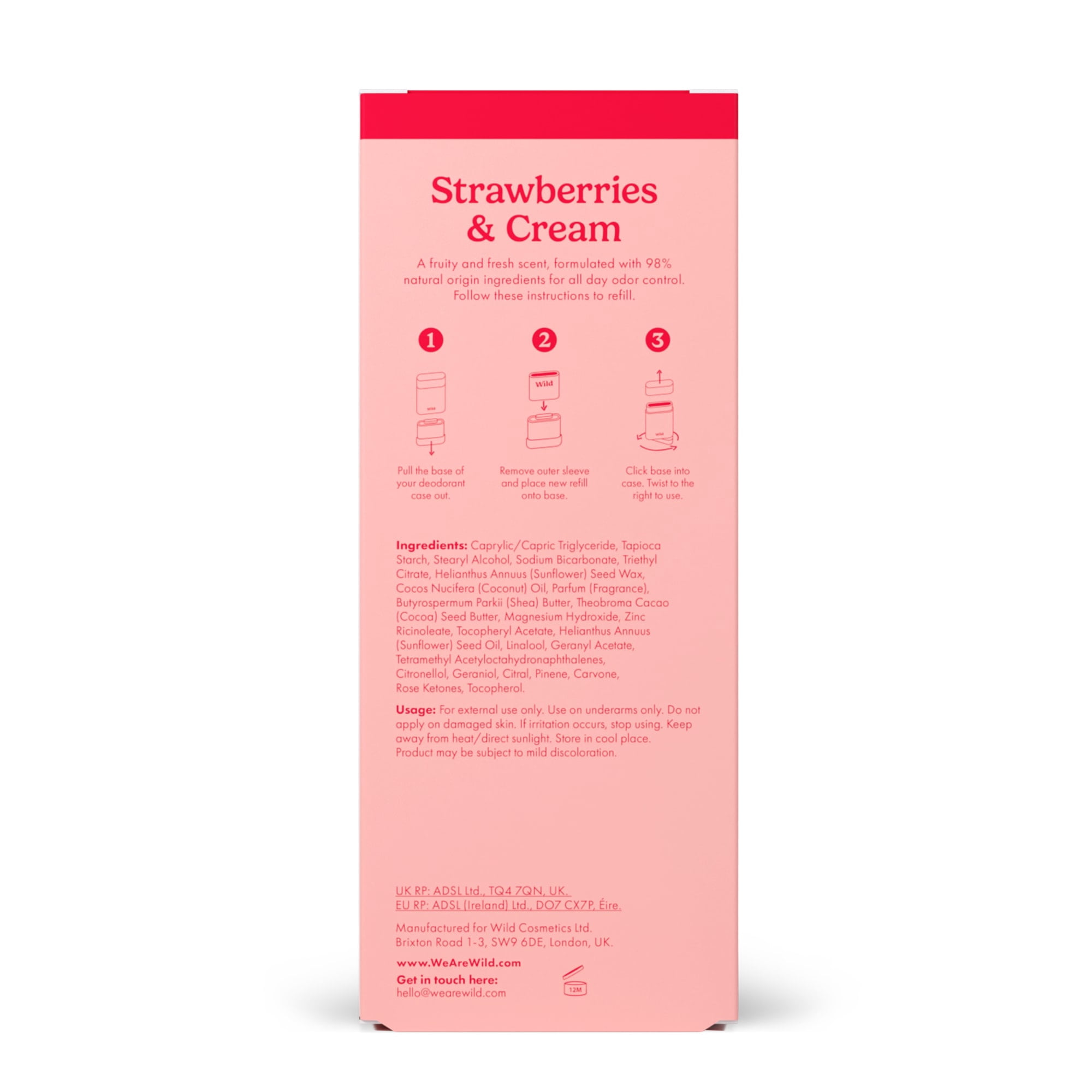 Wild Refillable Deodorant Starter Pack – Aluminum Free. Strawberry Case + Strawberries & Cream Refill, for Women and Men, 1.4oz