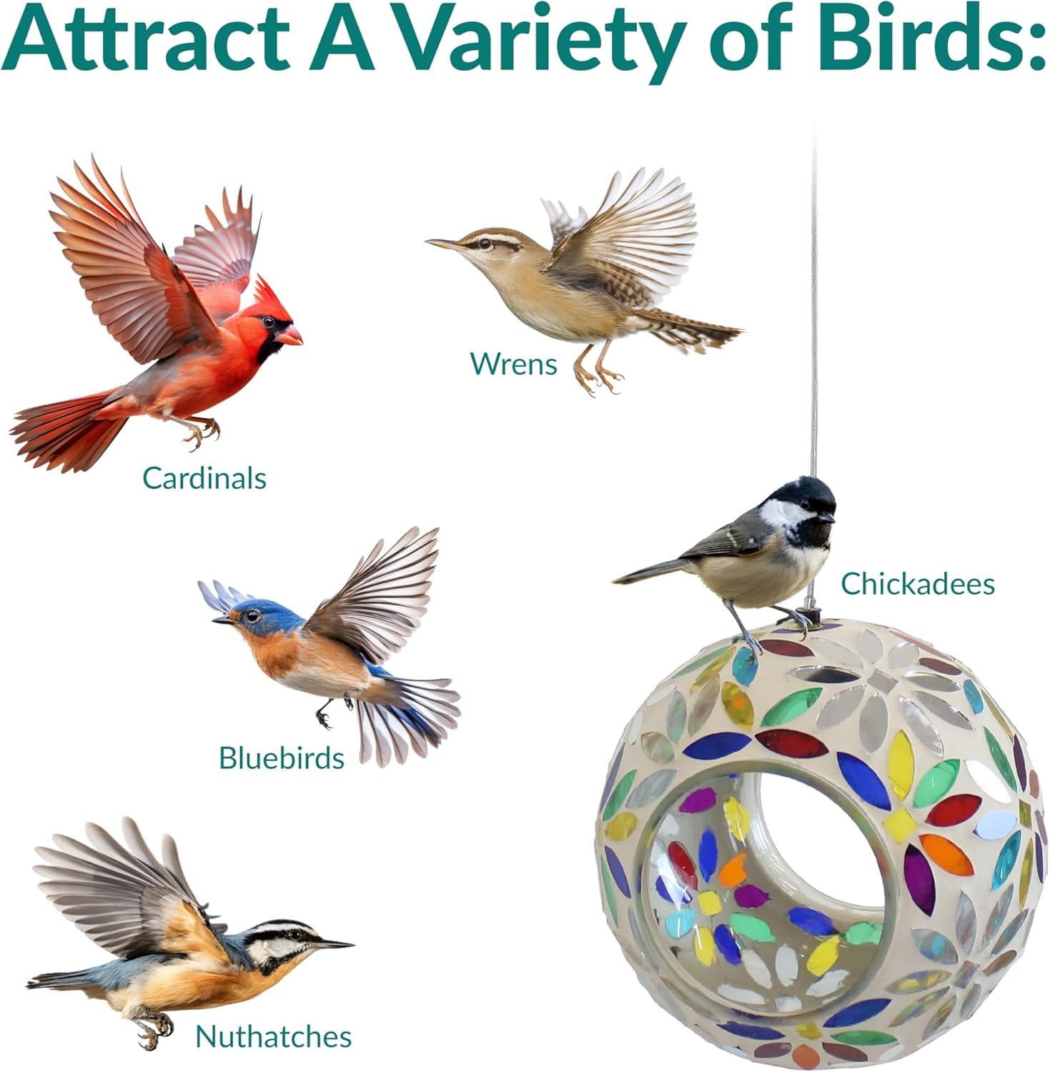 6-Inch Glass Mosaic Hanging Bird Feeder for Outdoors - Fly-Through Glass Bird Feeder for Cardinals, Jays, Finches and More - Rainbow Daisies