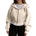 thumbnail image 3 of Zip up Hoodie Women Oversized Cropped Plain Sweatshirt Full Zip Drawstring Hooded Slouchy Jacket with Pocket Beige XL, 3 of 8