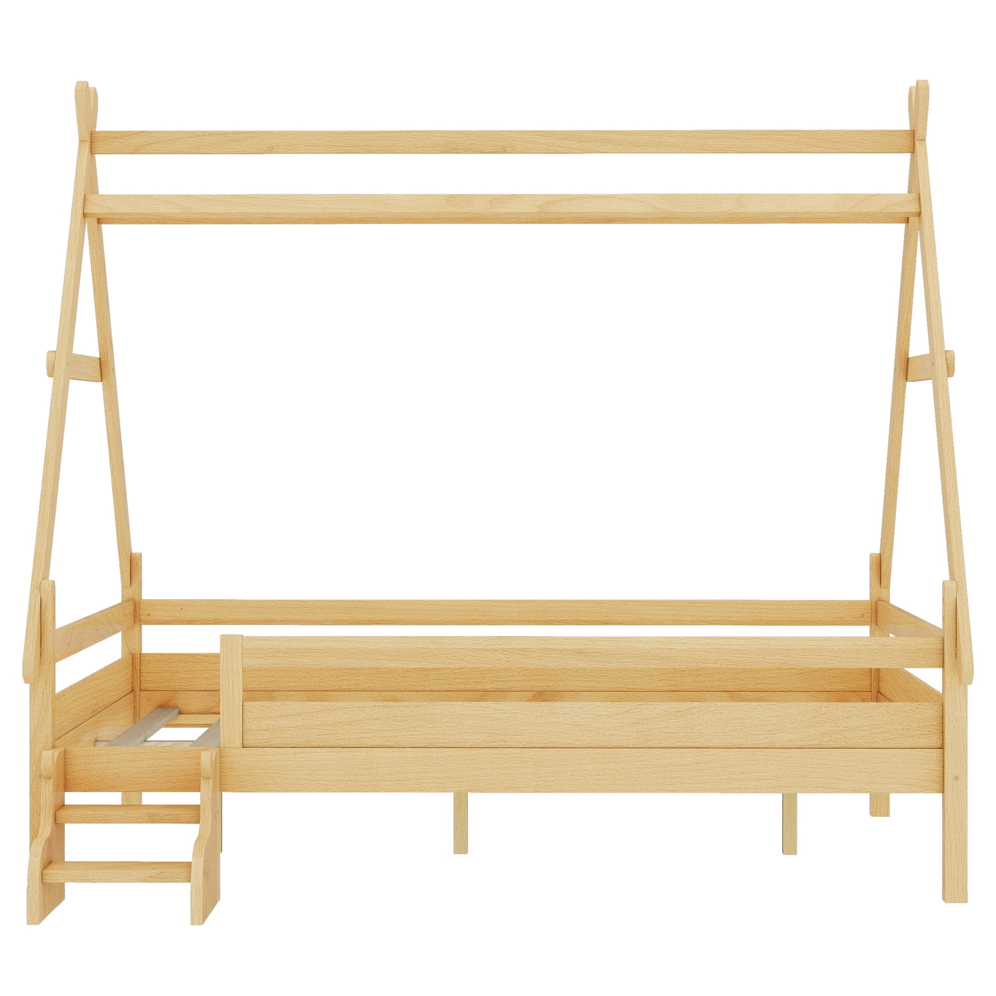 Yoneston Kids Full Farmhouse Platform Bed Frame with Stairs, Solid Wood Bed Slats Support for Children, No Box Spring Needed, Natural