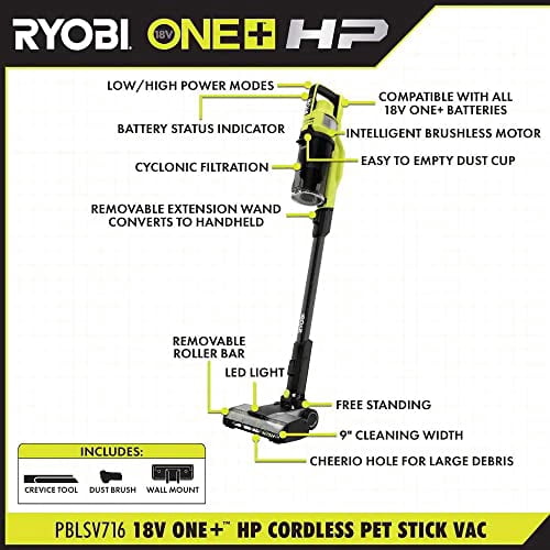 Pacroban ONE+ HP 18V Brushless Cordless Pet Stick Vacuum Cleaner Kit with 4.0 Ah HIGH Performance Battery and Charger