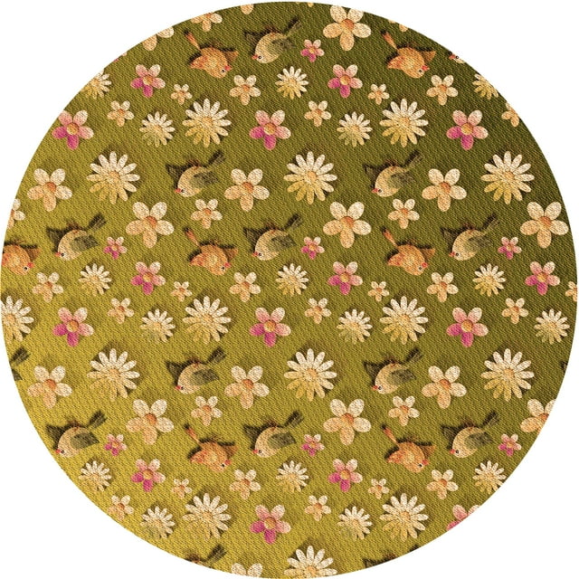 Ahgly Company Tapis d'Intérieur Rond Lavable en Machine Jaune Transitionnel, 7 Pieds Rond