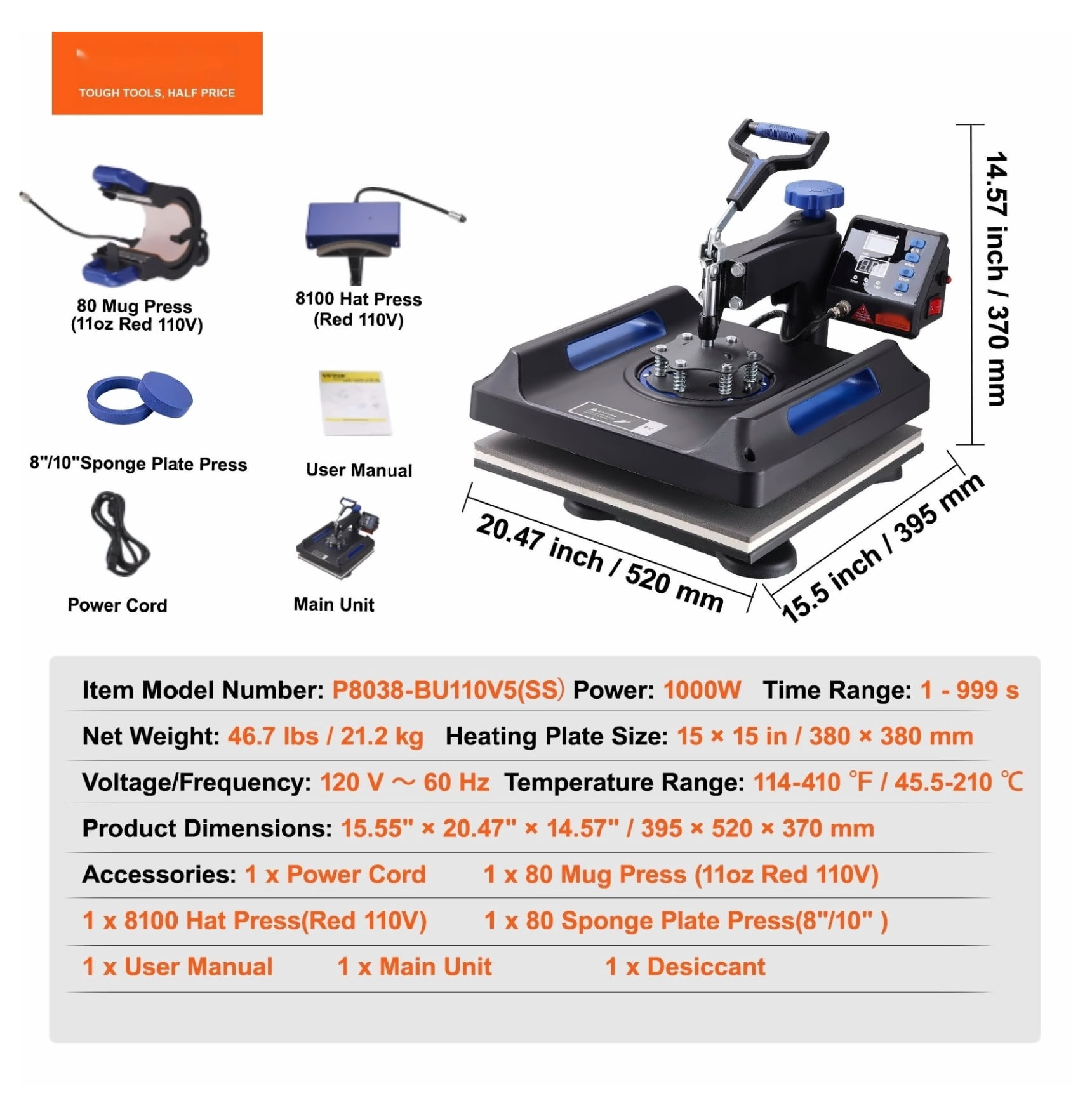 TriGol Heat Press 15x15 5 in 1, Swing Away Heat Press Machine for T-Shirts, Hats, Mugs, Plates, Sublimation Transfers, Digital Control, Fast Heating