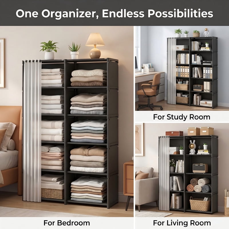 Cube Storage Organizer with Sliding Dustproof Curtain, 5-Tier DIY Freestanding Bookshelf & Closet Wardrobe, Translucent Cover Storage Cabinet for Bedroom, Living Room, Office,Black