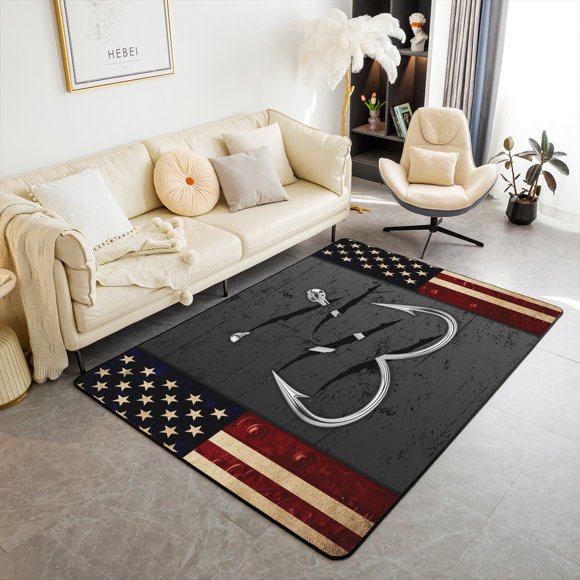 Erosebridal Fishing Hooks Area Rugs For Living Room 3x5,Usa Flag Rugs For Bedroom 3x5,Fishing Adventure Bedroom Carpet 3x5,Teens Bedroom Decor(Non Slip)