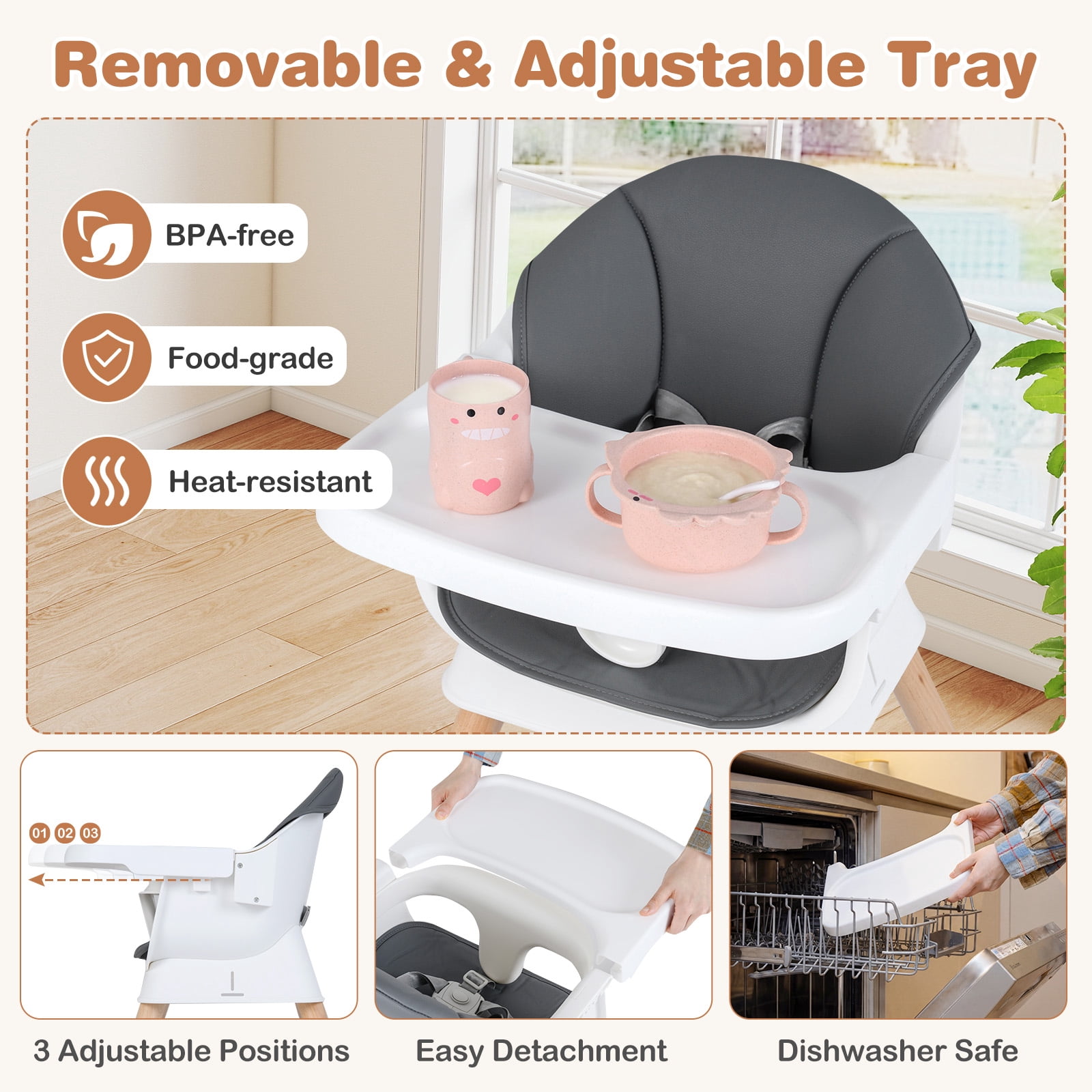 Costway Solid Wood Baby Feeding Chair Convertible High Chair for Babies & Toddlers