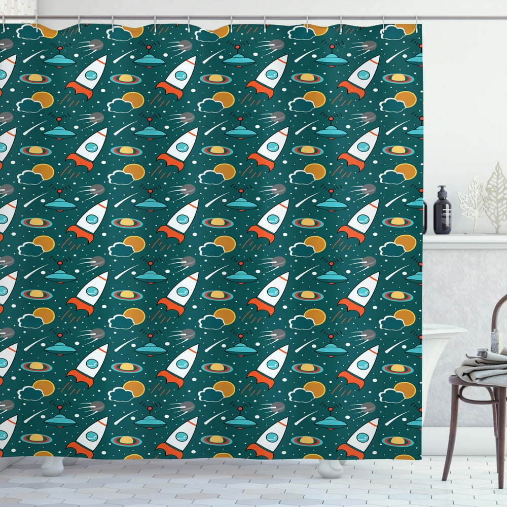 Spaceship Shower Curtain, Outer Space Cartoon with Dotted Backdrop Futuristic Themes Saturn Sun