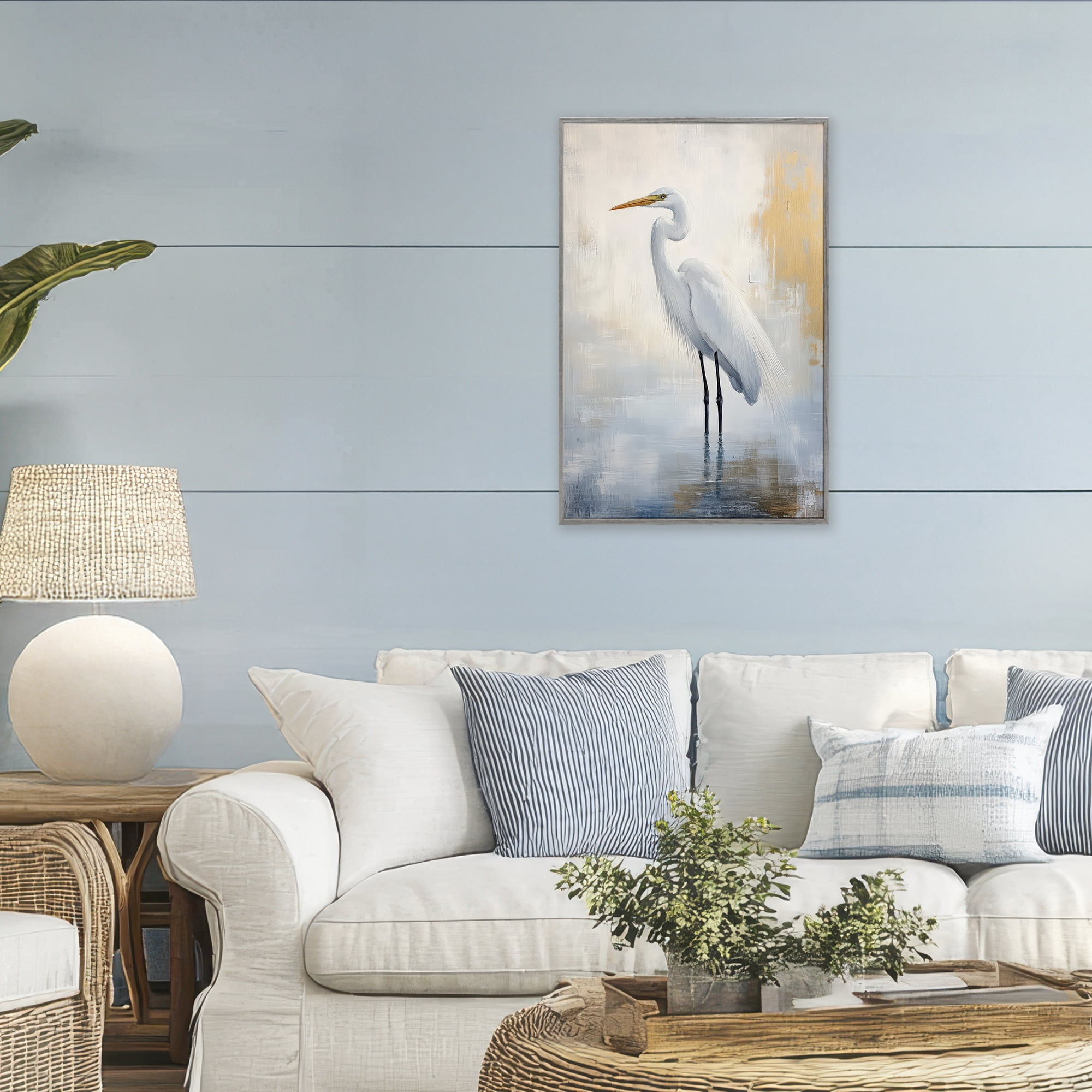 Stupell Industries Distressed Egret with Misty Reflection Gray Framed Giclee Art, design by Petal Prints Design