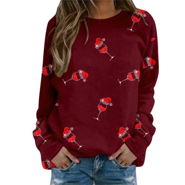 Gibobby Sudadera de Navidad para mujer Blusa de manga larga con cuello en O para mujer, para uso diario, en casa, al libre, con estampado navideño(Vino,G)