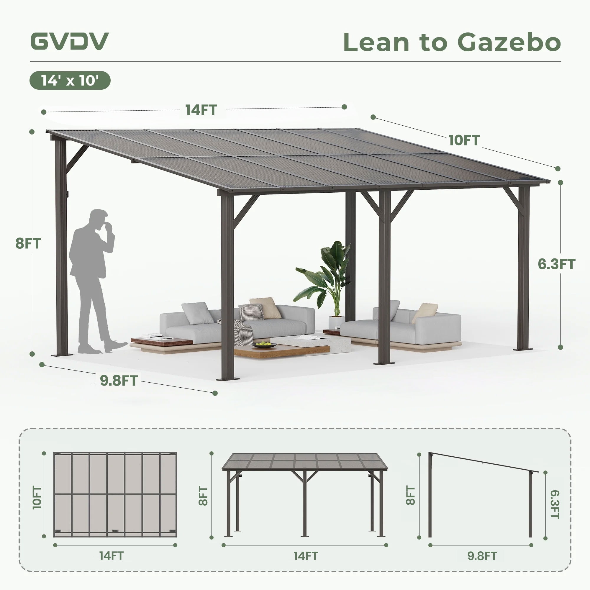 GVDV  14'x10' Wall Mounted Pergola, Aluminum Patio Gazebo with Waterproof & UV Protection, Outdoor Gazebo for Backyard/Deck