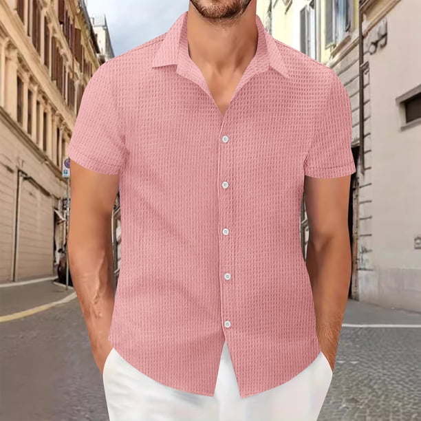 pstuiky Mangas cortas para hombre, Camisa informal de verano para hombre, de color liso, de manga corta y con solapa y botones. camisas casuales para hombre l