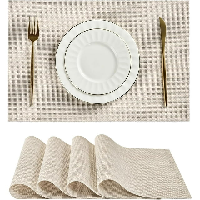Leetaltree Beige White Placemats Set of 4 - Heat Resistant Non-Slip Place mats for Dining Table, Washable Durable PVC Vinyl Woven Table Mats(Beige White, 4)