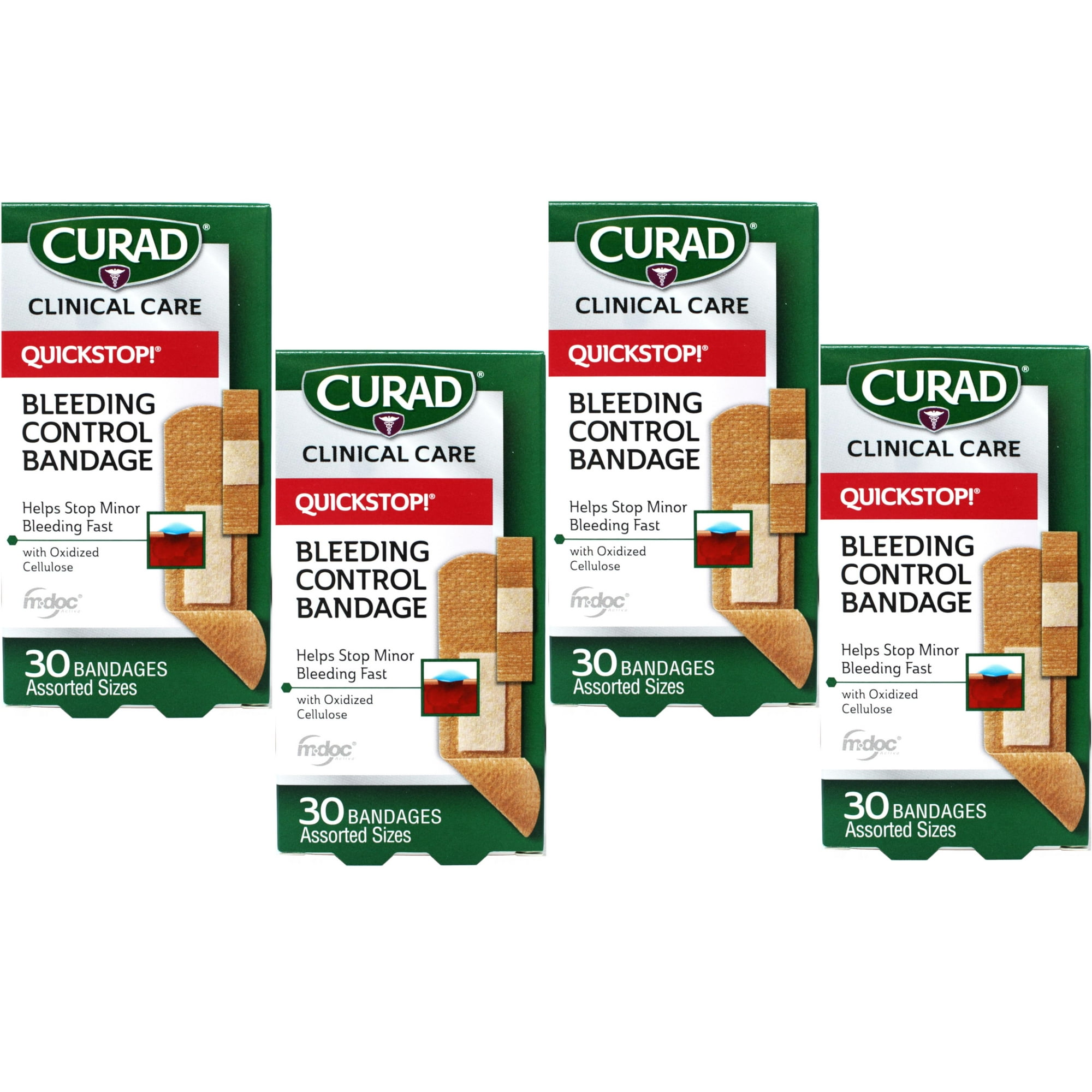 Curad Quickstop Instant Clotting Technology Flex-Fabric Bandages, Assorted, 30 Count - 4 Pack