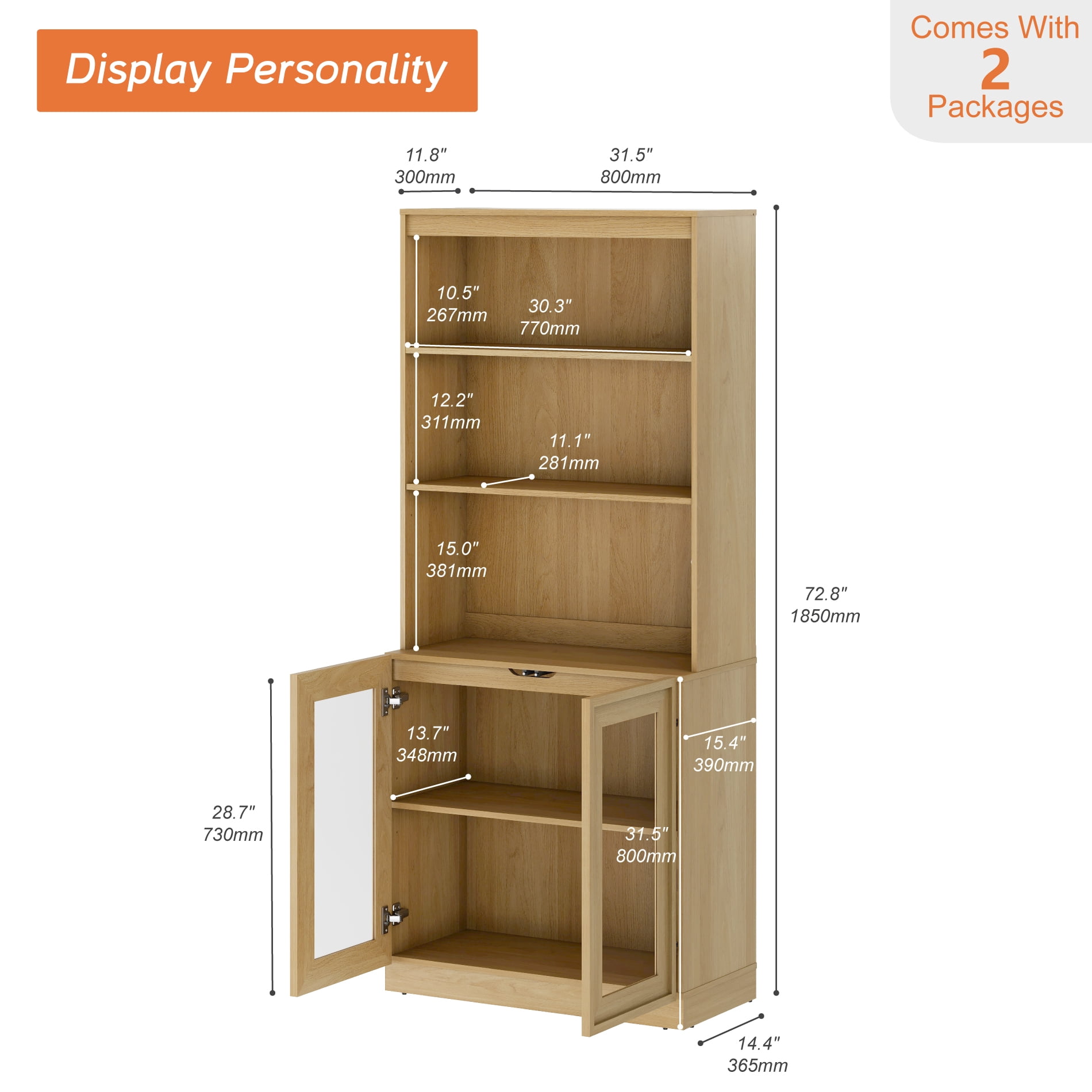 Modern 72" Tall Sideboard Buffet Cabinet, Glass Door Storage Cabinet with Adjustable Shelves, Open & Closed Layered Wood Console Cabinet for Dining Room Living Room Entryway,Oak
