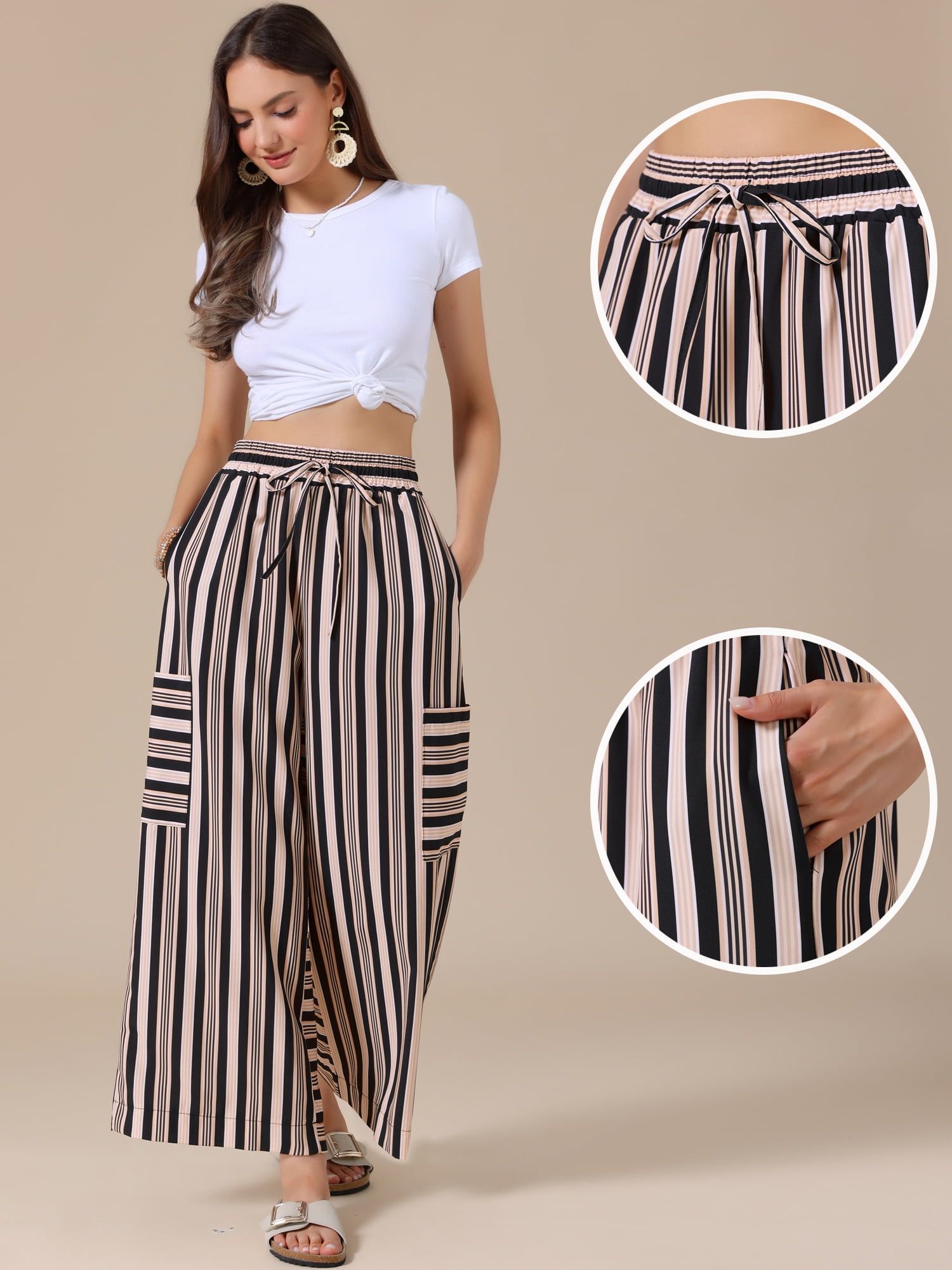 DARING DIVA Women's Striped Palazzo Lounge Pants X-Small Black Brown