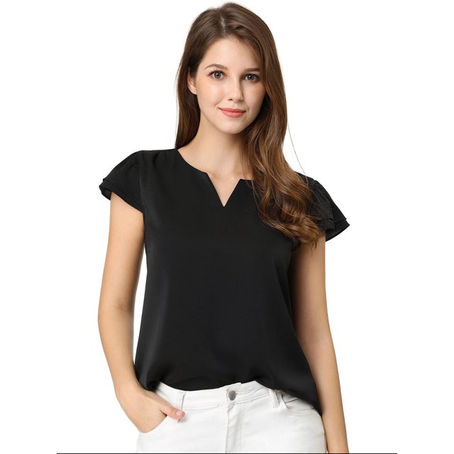 INSPIRE CHIC Women's Solid Blouse V Neck Ruffle Cap Sleeve Lightweight Work Blouse L Black