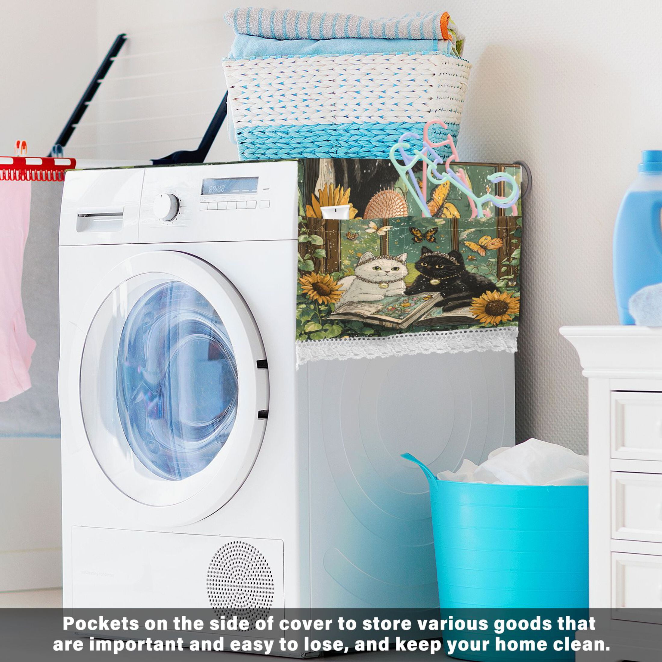 A Collage Of Two CatsWasher and Dryer Covers Dust-Proof and Oil Resistant Fridge Cover with 4 Storage Pockets Washing Machine Top Cover for Laundry Kitchen Home 51.2 x 22 In