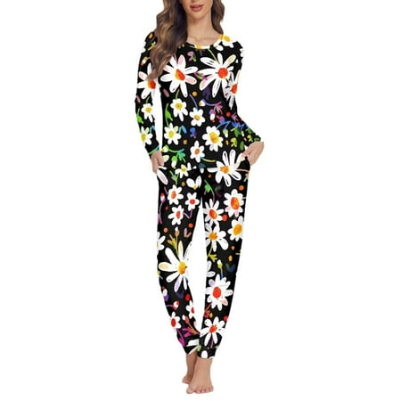 

Renewold Women s Sleepwear Long Sleeve Top and Pants Pajama Set Lightweigth Thin Loungewear Art White Daisies Print Pajamas Size XL