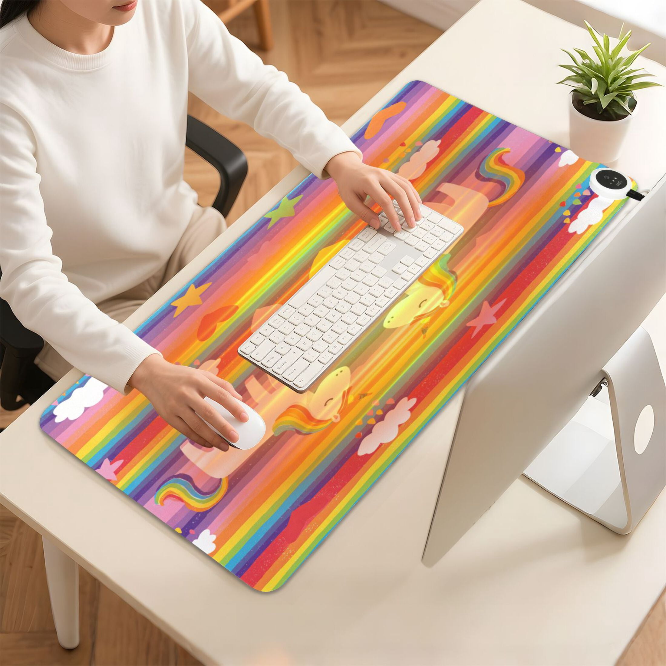 Large Heated Desk Mat Mouse Pad 31.5"x13"PU Leather Graphene Heating Desk Warmer with 3 Temperature Settings 110V US Plug Non-Slip Warm Pad for Home, Office, and Gaming Rainbow Striped Unicorn Print